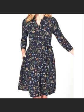 NWT J. Jill Georgous Fall Navy Floral Long-Sleeve Collared Dress W/Pockets.